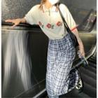 Short-sleeve Polo Collar Zip Floral Printed Top / Wide-leg Plaid Pants