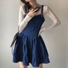 Long-sleeve Lace Top / Tiered Mini A-line Denim Overall Dress