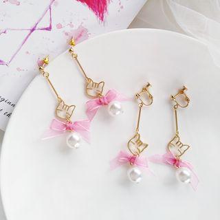 Faux Pearl Mesh Bow Alloy Cat Dangle Earring