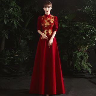 Puff-sleeve Floral Embroidered Midi A-line Evening Gown
