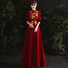 Puff-sleeve Floral Embroidered Midi A-line Evening Gown