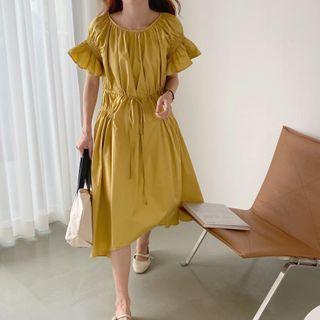 Short-sleeve Frill Trim Drawcord-waist A-line Midi Dress