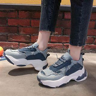 Distressed Denim Lace-up Platform Sneakers