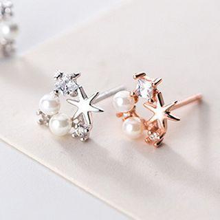 Faux Pearl Rhinestone Star Stud Earring