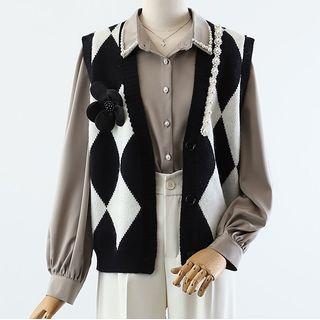 Argyle Button-up Sweater Vest / Beaded Shirt