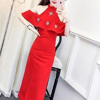 Embellished Cut Out Shoulder Short Sleeve Midi Dress