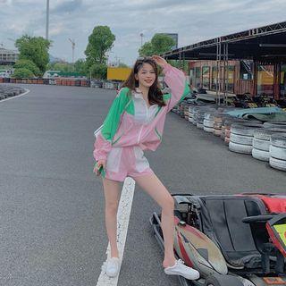 Set: Color Block Zip-up Jacket + Sweatshorts