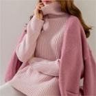 Mock-neck Dip-back Ribbed Sweater Light Pink - One Size