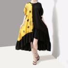 Short-sleeve Color Block Ruffled Drawstring High-low Dress As Shown In Figure - One Size