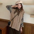 Stand-collar Long-sleeve Plaid Top / Vest