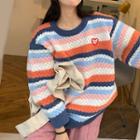 Color Block Striped Heart Applique Sweater Stripe - Pink & White & Tangerine - One Size