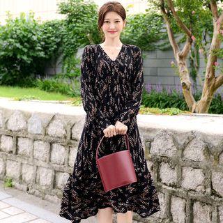 V-neck Long-sleeve Patterned Midi A-line Dress