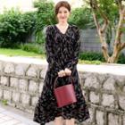 V-neck Long-sleeve Patterned Midi A-line Dress
