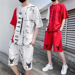 Set: Elbow-sleeve Color Block Letter T-shirt + Shorts