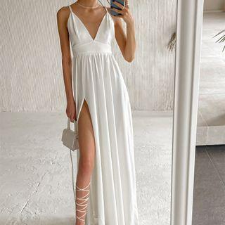 Spaghetti Strap V-neck Slit Maxi Dress