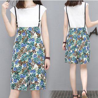 Set: Plain Tank Top + Floral Print Pinafore Playsuit