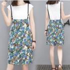 Set: Plain Tank Top + Floral Print Pinafore Playsuit