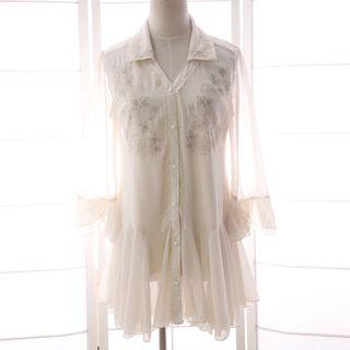 Flower Embroidered Long Sleeve Chiffon Blouse
