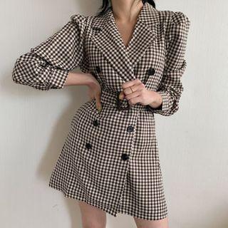 Houndstooth Double-breasted Mini A-line Blazer Dress