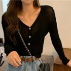 Long-sleeve Buttoned Knit Cropped Top
