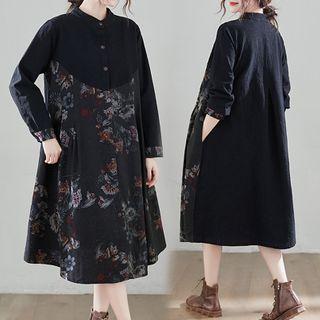 Long-sleeve Floral Print Midi Shift Dress