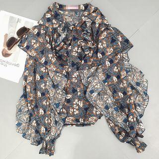 Print Stand-collar Long-sleeve Chiffon Blouse