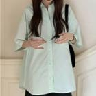 Elbow-sleeve Plain Shirt As Shown In Figure - One Size