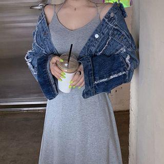 Cropped Denim Jacket / Sleeveless Open Back Dress