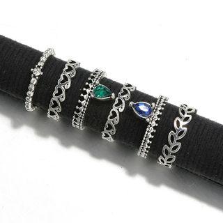Set Of 6: Faux Crystal Alloy Ring (assorted Designs) Silver - One Size