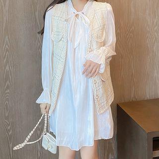 Set: Flared-cuff A-line Dress + Tweed Buttoned Vest