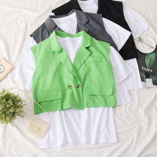 Set: Double-breasted Lapel Vest + Plain T-shirt