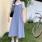 Set: Mock Two-piece Puff-sleeve Floral Print Midi Dress + Headband