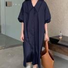 3/4 Sleeve Drawstring Single Breasted Loose Fit Shirt Dress Navy Blue - One Size
