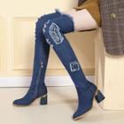 Chunky Heel Applique Fray Trim Denim Over-the-knee Boots