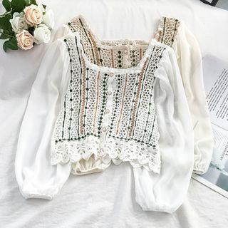 Puff-sleeve Patterned Cropped Tunic