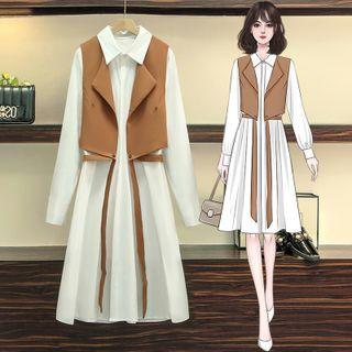Puff-sleeve Shirtdress / Button-up Vest / Set