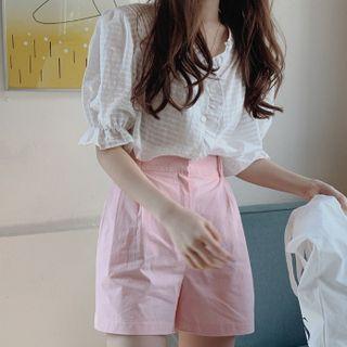 Puff-sleeve Plaid Ruffle Trim Shirt / High-waist Plain Shorts