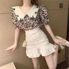 Embroidered Collar Floral Short-sleeve Blouse / Shirred Mini Ruffle Hem Skirt