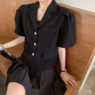 Puff-sleeve Plain Single Breasted Blazer Black - One Size