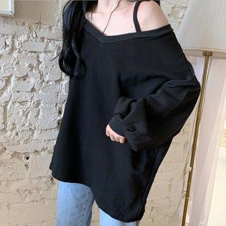 Long-sleeve V-neck Plain Oversize T-shirt