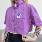 Stand Collar Flap-pocket Short-sleeve Cropped Blouse