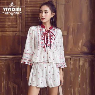 Set: 3/4-sleeve Embroidered Frill Trim Top + Wide-leg Shorts