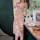 Short-sleeve Floral Print Chiffon Midi Sheath Dress