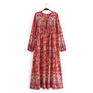 Balloon-sleeve Patterned Maxi A-line Dress