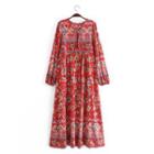 Balloon-sleeve Patterned Maxi A-line Dress