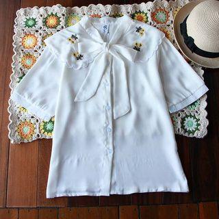 Bow-neck Short Sleeve Embroidered Blouse