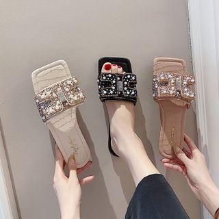 Rhinestone Square-toe Flat Slide Sandals