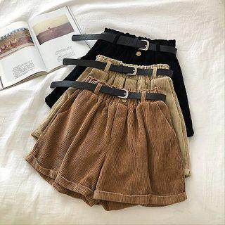 Plain Roll-up High-waist Corduroy Shorts With Belt