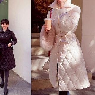 Tweed-trim Padded Jacket With Sash