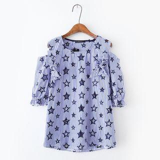 Elbow-sleeve Star Print Striped Top